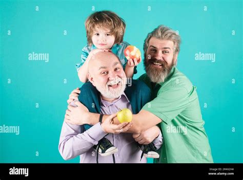 Father, son and grandfather happy man family. Happy age multi ...