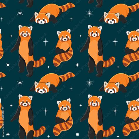 Seamless pattern of cute red panda in different poses. Cartoon design ...