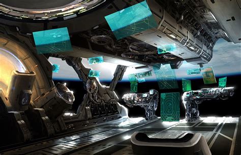 the interior of a space station with green and blue squares hanging ...