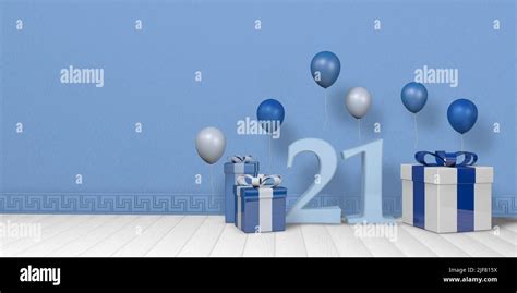 Light blue number 21 among bright blue and white gift boxes adorned ...