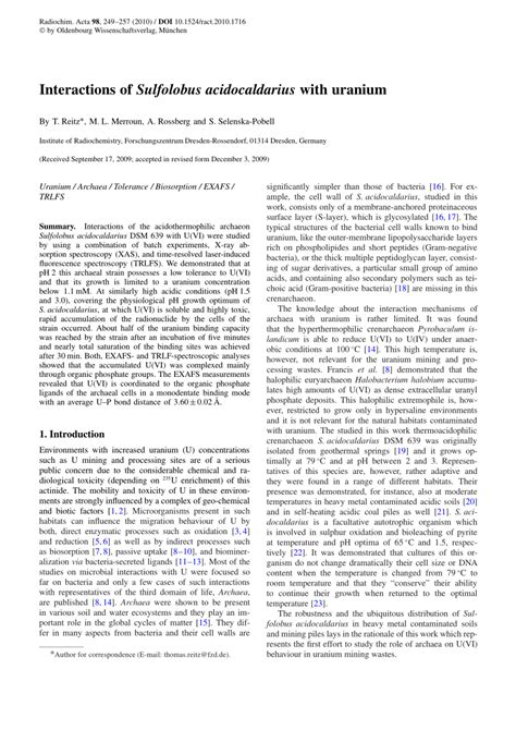 (PDF) Interactions of Sulfolobus acidocaldarius with uranium