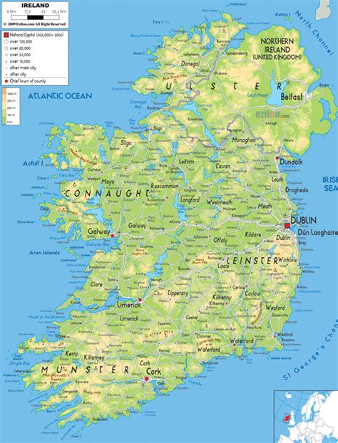 Large detailed physical map of Ireland with all cities, roads and ...