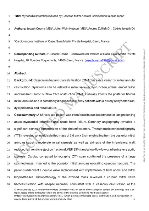 (PDF) Myocardial Infarction induced by Caseous Mitral Annular ...