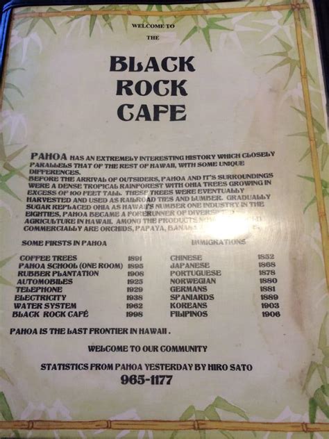 Menu at Black Rock Cafe, Pāhoa