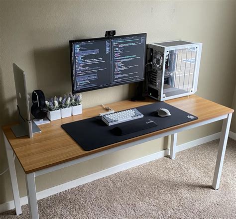 Wood gaming desk setup with natural light and modern battlestation idea // For more minimal ...