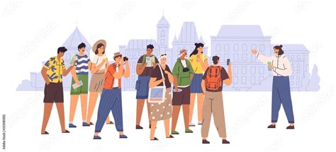 Female tour guide showing interesting places to group of tourist vector flat illustration ...