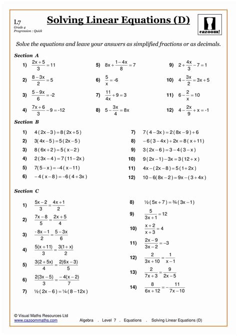 Solving Equations with Fractions Worksheet