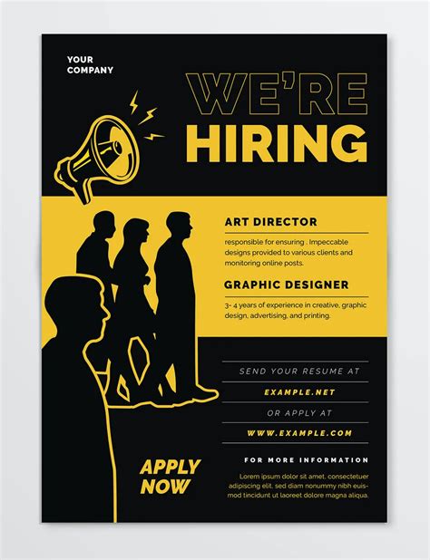 a poster with people talking to each other and the words we're hiring on it