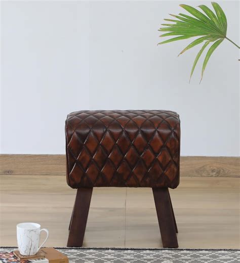 Buy Bastl Leather Seating Stool In Brown Colour at 22% OFF by Bohemiana from Pepperfry | Pepperfry