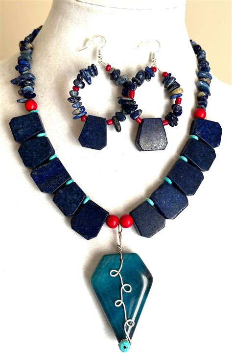 Blue Beaded Necklace, Lapis Collar Necklace, Lapis Earrings, Blue Beaded Jewelry, Lapis Hoop ...