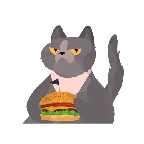 Funny cat with a serious look holds a burger. The cat is holding a hamburger. Good for fast food ...