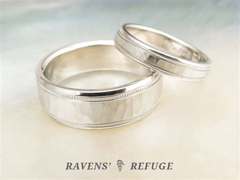 unique platinum wedding bands, hammered with milgrain - Ravens’ Refuge