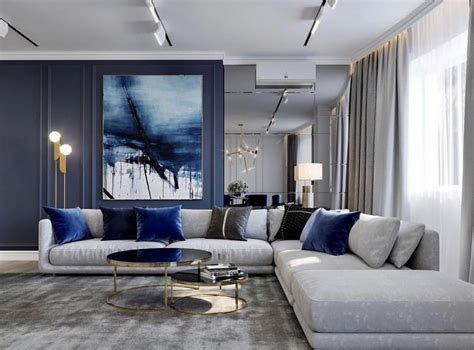 Luxury blue and grey living room decor with blue abstract art work and ...