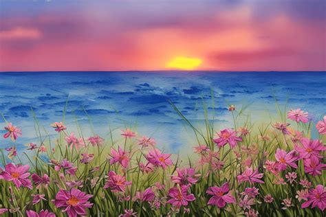 Sunset Sea Horizon Painting with Flowers · Creative Fabrica