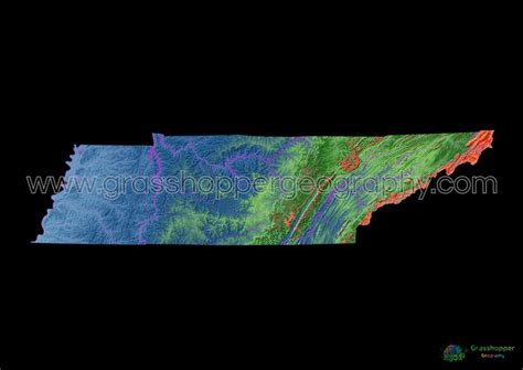 Elevation map of Tennessee with black background - Fine Art Print in ...