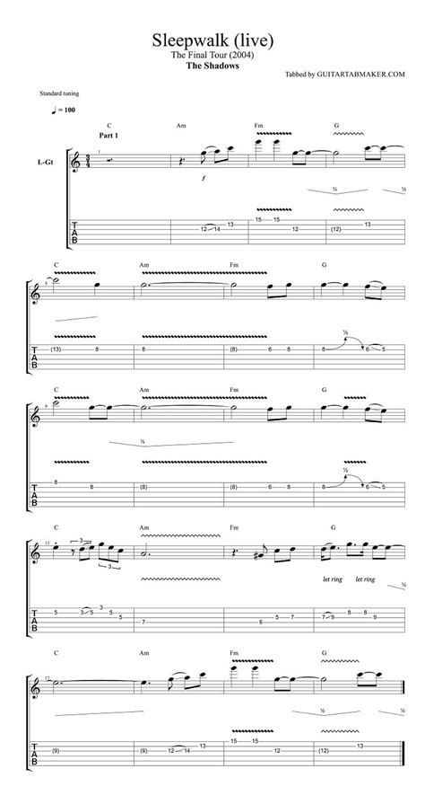 The Shadows - Sleepwalk (live) guitar tabs - instrumental guitar tab ...