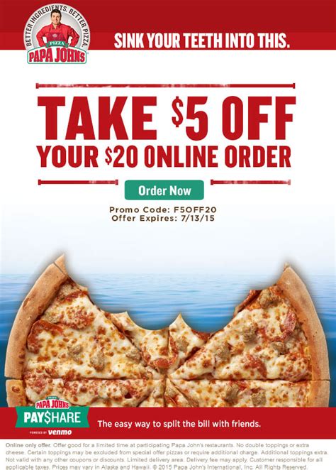 Papa Johns Coupons - $5 off $20 today at Papa Johns pizza via promo code F5OFF20