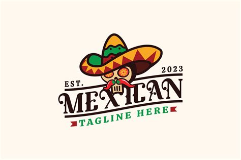 mexican restaurant logo with a combination of a skull, sombrero hat, and herbs in vintage style ...