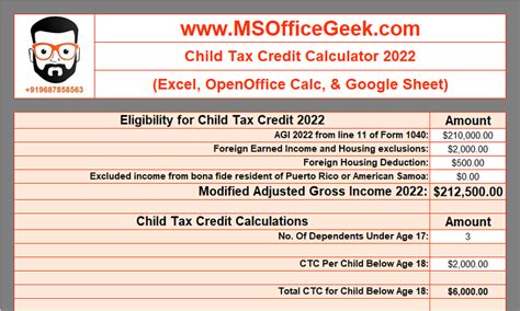 Child Tax Credit Calculator 2022 Excel Template - MSOfficeGeek