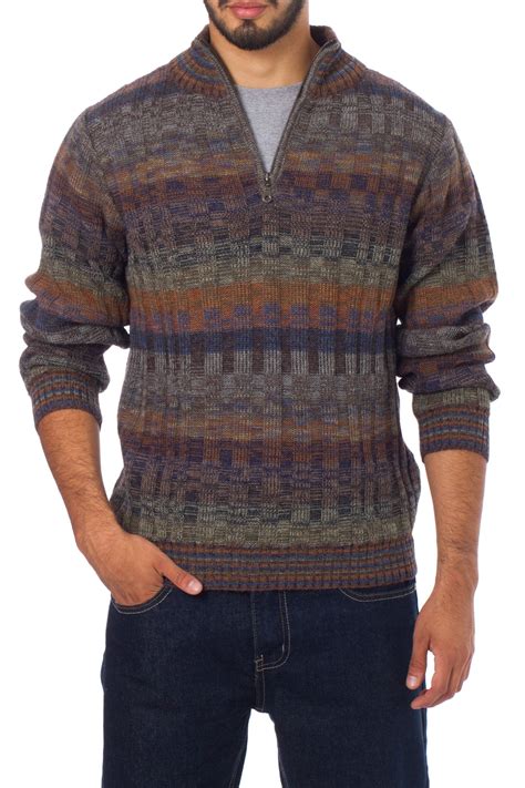 Peruvian 100% Alpaca Men's Sweater with Zipper - Traveler | NOVICA