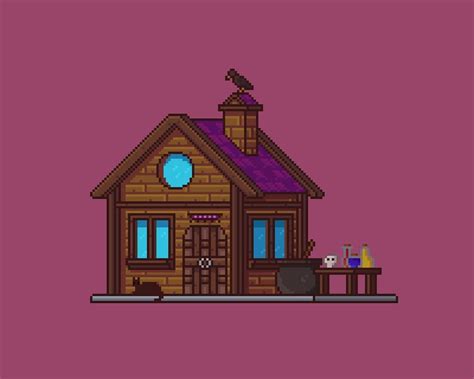 a pixel art house on a purple background