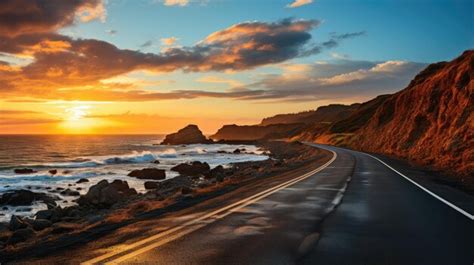 Premium AI Image | highway landscape at sunset Beautiful seaside road view