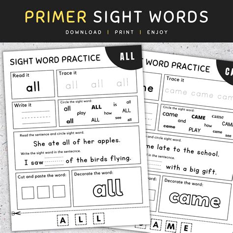 Primer Sight Words: Kindergarten Sight Words Worksheets, NO Prep, [SET ...