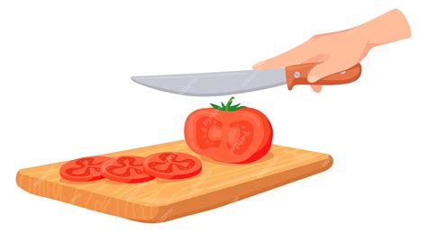 Couper la tomate sur une planche à découper Icône de cuisine de dessin animé | Vecteur Premium