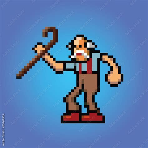 old man with stick in hand pixel art style illustration vector Stock Vector | Adobe Stock