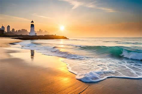 Premium Photo | A lighthouse on the beach at sunset