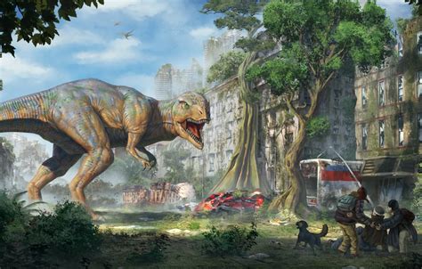 Wallpaper the city, people, fiction, dinosaur, art, ruins, T-Rex, Tyrannosaurus, rex images for ...