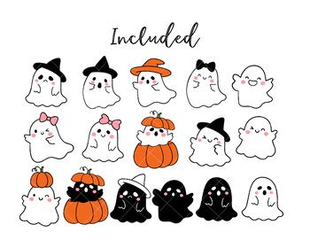 Cute Halloween Ghost Kids Ghost Pumpkin Doodle Outline Art Spooky Season Clipart