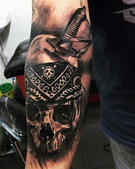 Superior black and white dead skeleton with sword tattoo on arm - Tattooimages.biz