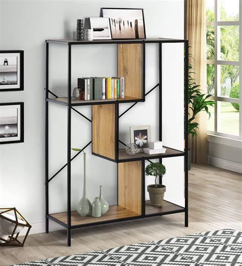 Euroco 4-Tier Rustic Industrial Standing Bookcase Storage Organizer ...