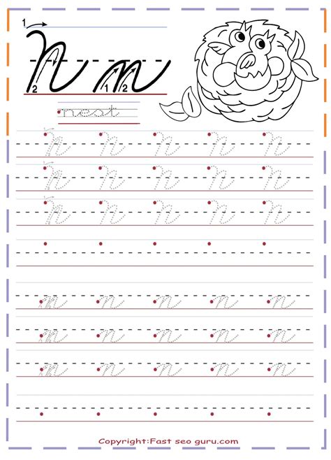 cursive handwriting tracing worksheets letter n for nest