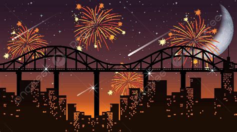 Cityscape With Celebration Fireworks Scene Cartoon Drawing Fireworks ...