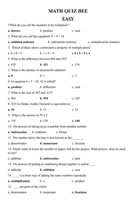 Math Quiz Be for Elementary Students by Secondary teacher - MATH QUIZ BEE EASY 1What do you call ...