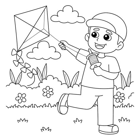 Desenho de Spring Boy empinando uma pipa para colorir para crianças ...