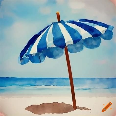 Watercolor illustration of blue and white beach umbrella with white ...