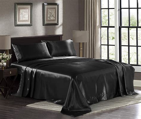 Satin Sheets King [4-Piece, Black] Hotel Luxury Silky Bed Sheets ...