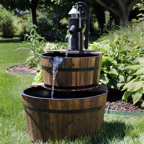 Sunnydaze Wood Barrel Outdoor Water Fountain with Hand Pump - 2-Tier ...