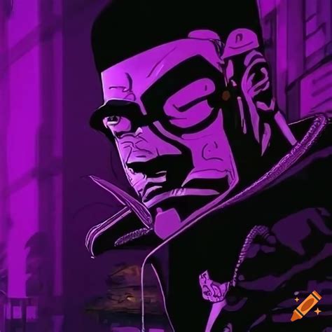 Cyberpunk-inspired illustration of a black man in purple attire in japan on Craiyon