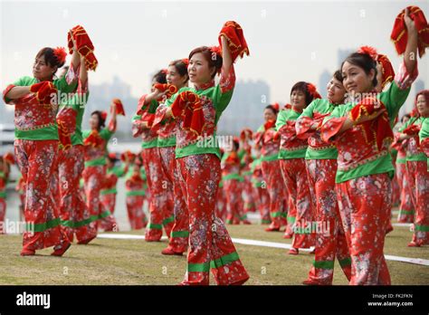 Hong Kong. 6th Mar, 2016. Women perform yangge dance during an attempt to challenge the Guinness ...