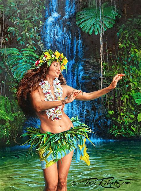 a painting of a hula dancer in front of a waterfall