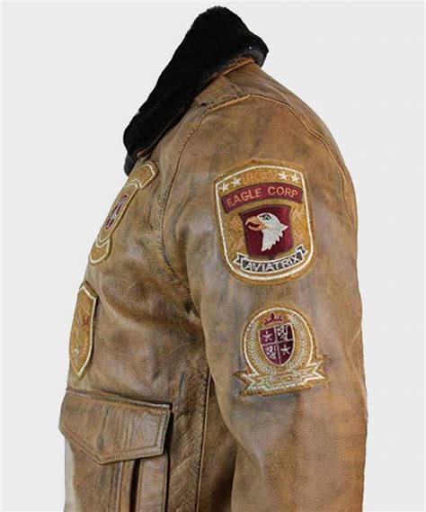 Mens Real Leather Aviator Tan Brown Bomber Jacket with Patches