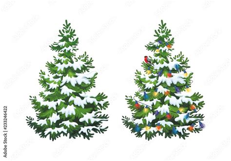 Vector illustration of decorated christmas tree in snow on white background. Green fluffy ...