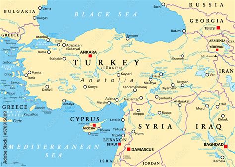 Turkey and Syria region, political map. Geographic area of the peninsula Anatolia, with ...