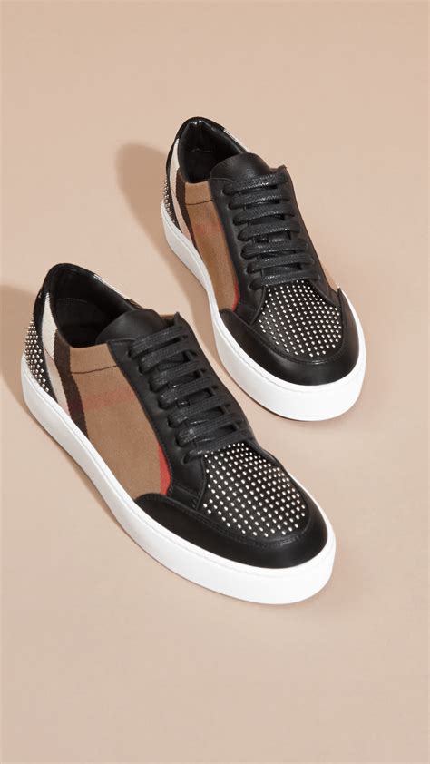 Lyst - Burberry House Check And Studded Leather Sneakers in Black for Men