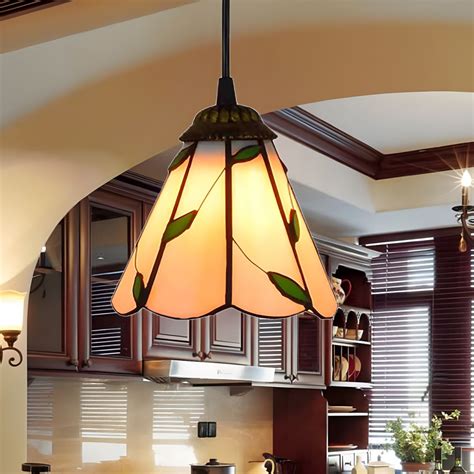 1 Light Pendant Light Kit Tiffany Cone Beige Stained Glass Ceiling Fixture with Leaf Pattern, 6. ...