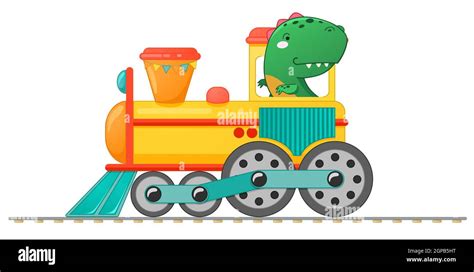 Train with cute little dinosaur in cartoon style. Vector colorful ...